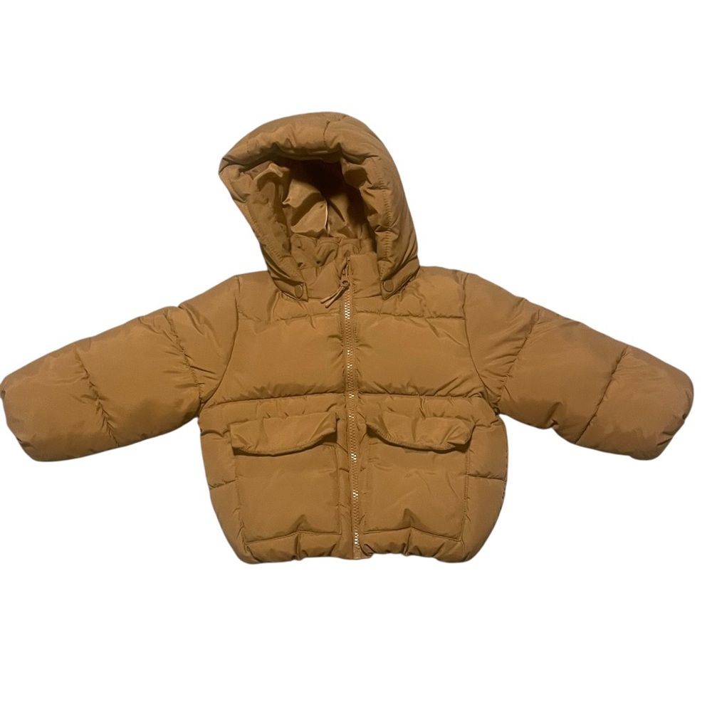 H&M Toddler Tan Puffer Jacket Detachable Hood Pockets Size 2T